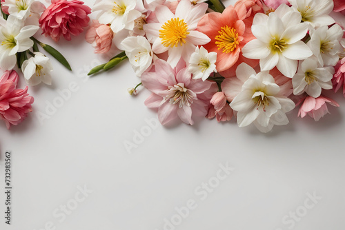 Beautiful spring flowers on white background  top view. Space for text