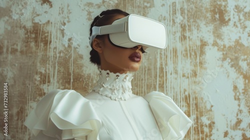 Young woman in VR headset on bright background. Immersive experience of virtual reality in sensitive fashion editorial style. 