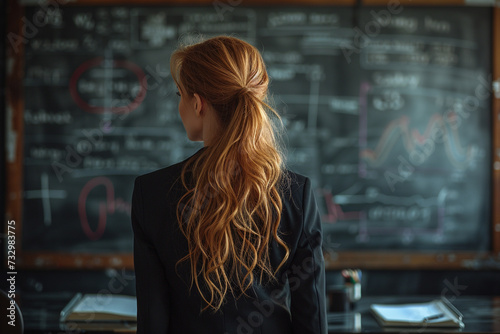 Back of businesswoman with blonde hair look at the blackboard.