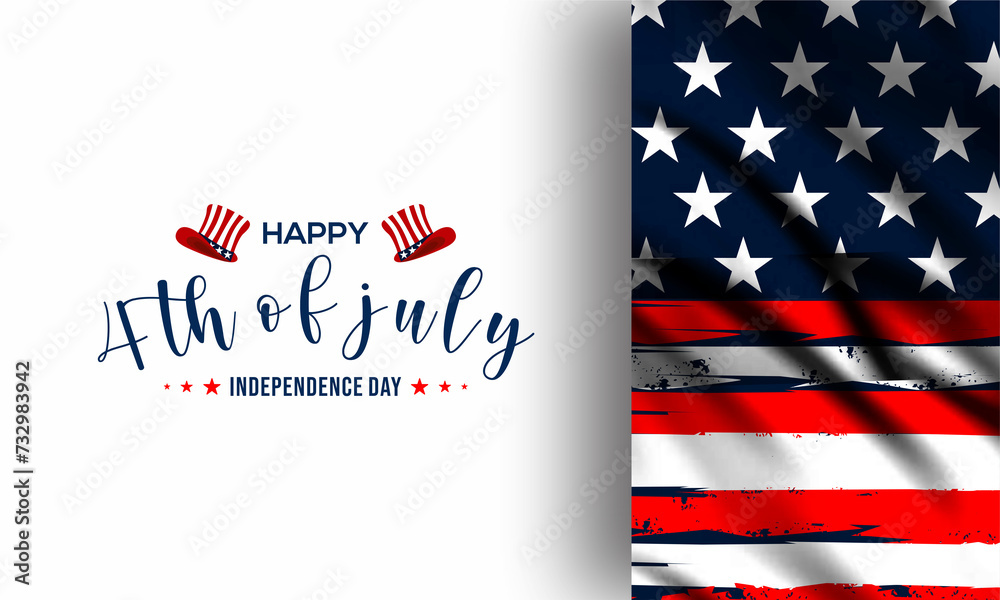 Happy Fourth of july Vector illustration. American Independence Day greeting card, banner, poster with United States flag, stars and stripes. Patriotic calligraphy on blue background.