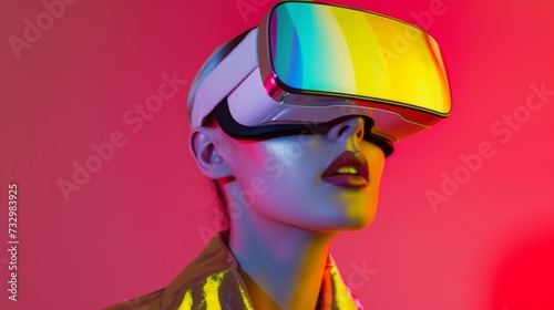 Young woman in VR headset on pink background. Immersive experience of virtual reality in futuristic fashion editorial style. 