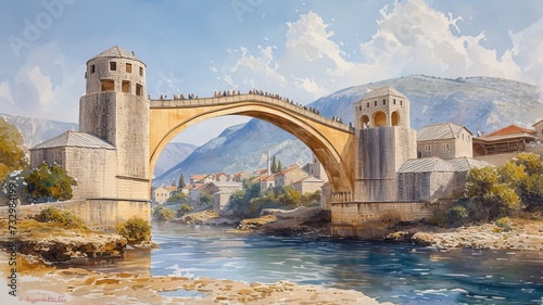 Watercolor painting of Mostar Old Bridge photo