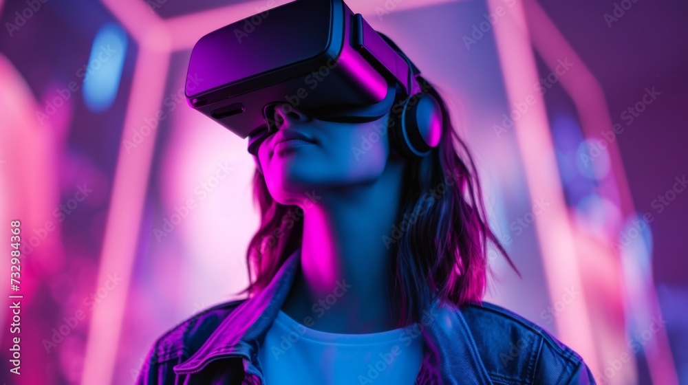 Young female in VR headset on neon background. Immersive experience of virtual reality in futuristic fashion editorial style. Young female in VR headset on neon background. Immersive experience of virtual reality in futuristic fashion editorial style.