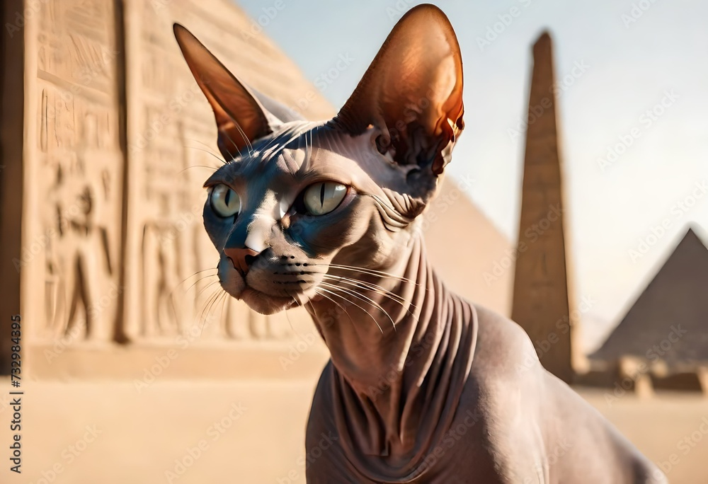 A minimalist and contemporary shot of a sleek and mysterious Sphinx cat, captured against a backdrop of ancient Egyptian hieroglyphics, adding an air of mystique to the image.