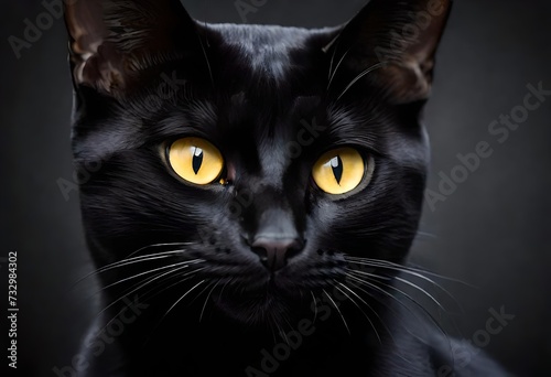A close-up shot of a sleek and mysterious Bombay cat, captured against a dark and moody backdrop, emphasizing its piercing yellow eyes and glossy black coat.