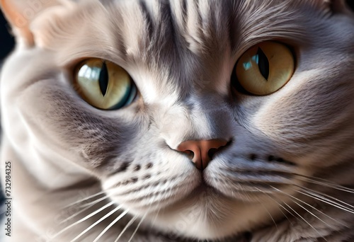 A close-up shot of a regal and dignified British Shorthair cat, captured in a soft and dreamy lighting, showcasing its round face and dense plush coat.