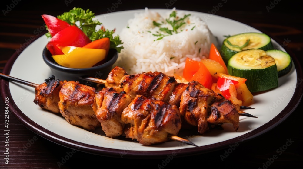 Fresh, homemade grilled chicken kebab with vegetables and spices on a dark background.