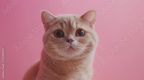 A charming Scottish Fold cat against a backdrop of soft pastel pink, its unique folded ears and round eyes adding to its adorable appearance.