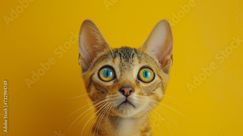 A charming Singapura cat against a backdrop of warm saffron yellow, its small size and large eyes reflecting its curious and affectionate personality.