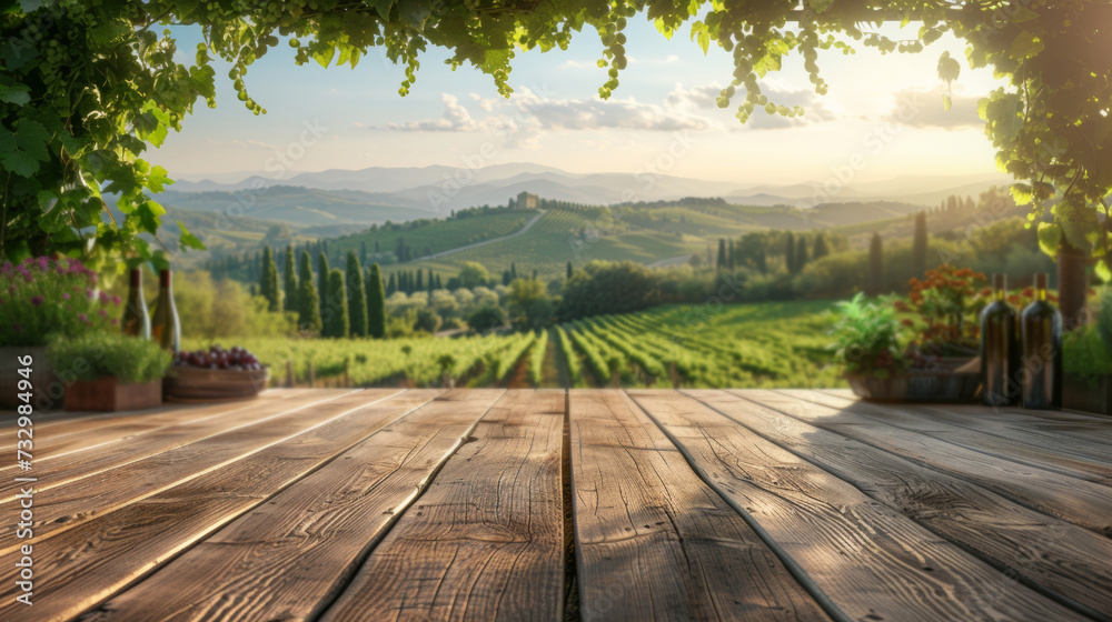 An empty wooden table for product display. Blurred french vineyard in the background