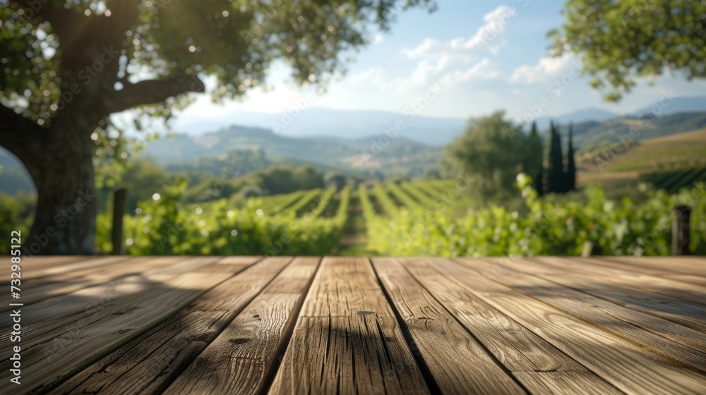 An empty wooden table for product display. Blurred french vineyard in the background An empty wooden table for product display. Blurred french vineyard in the background