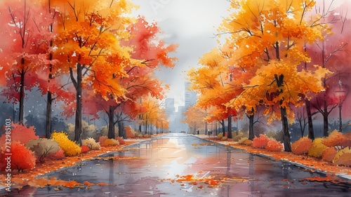 Watercolor painting of the streets of a city in autumn