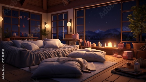 A cozy movie night space with a projector screen and floor cushions for seating