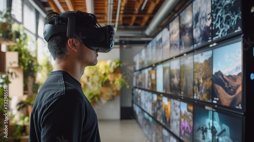 A young man wearing a VR headset stands immersed in a visual digital gallery with diverse screen displays.