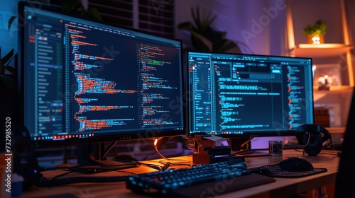 A comfortable programmer's desk setup at night with dual monitors displaying code, illuminated by warm ambient light.