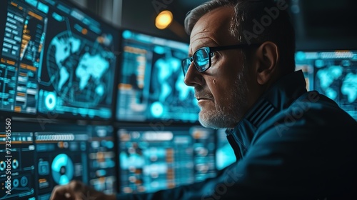 An experienced cybersecurity professional is intently observing global network activity on high-tech control room monitors.