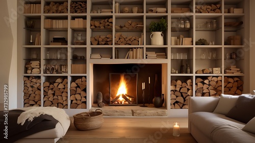 A cozy fireplace with built-in shelving that hides compartments for firewood