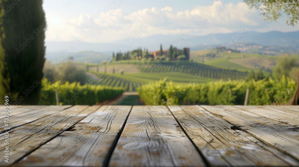 An empty wooden table for product display. Blurred french vineyard in the background