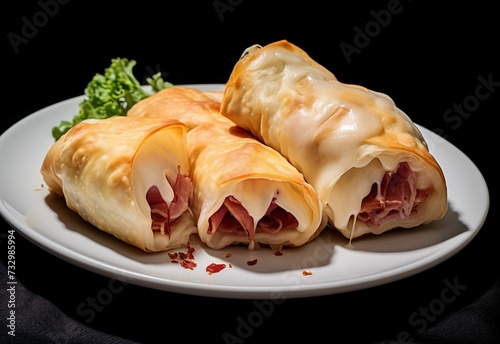 there are two rolls with ham and cheese on them, next to some greens