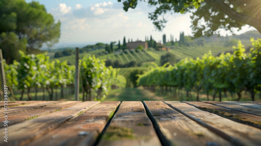 An empty wooden table for product display. Blurred french vineyard in the background An empty wooden table for product display. Blurred french vineyard in the background