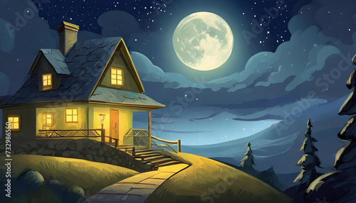 nighttime atmosphere with the moon and one house light on