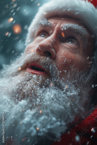 Close up face of Santa Claus, high angle view. Man wearing red hat and costume wondering about the first snow encounter this winter. Wonderful portrait of the Christmas character.