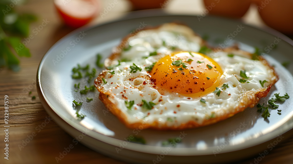 A plate with fried eggs on a wooden table. delicious breakfast with sun shine A plate with fried eggs on a wooden table. delicious breakfast with sun shine