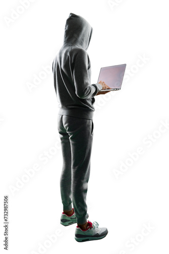 Side profile of an incognito person with laptop, white backdrop. Anonymity concept