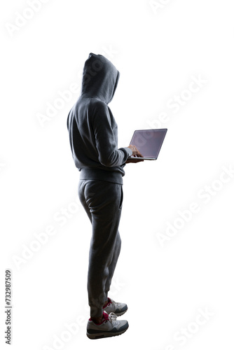 Back view of a hooded individual with a laptop against a white background. Privacy theme