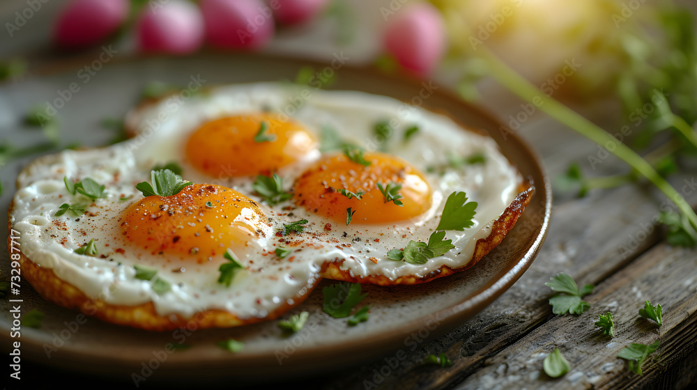 A plate with fried eggs on a wooden table. delicious breakfast with sun shine