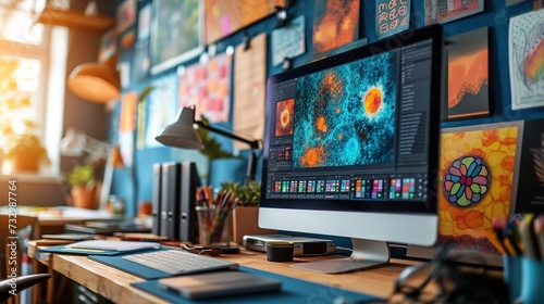 Graphic designer's vibrant workspace filled with colorful artwork, a computer with editing software, and natural light.