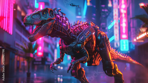 Conceptualize a one-of-a-kind design where a realistic dinosaur is combined with the elements of a futuristic robot, all set against a surreal 3D animated backdrop2