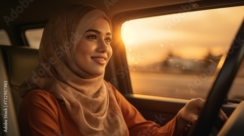 Close-up of a happy young Muslim, Arab woman wearing a hijab at the wheel of her new car at sunset.