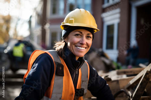 Mujer trabajando en un sitio de construcción, casco de construcción y chaleco de trabajo, sonriendo, de mediana edad o mayor. photo