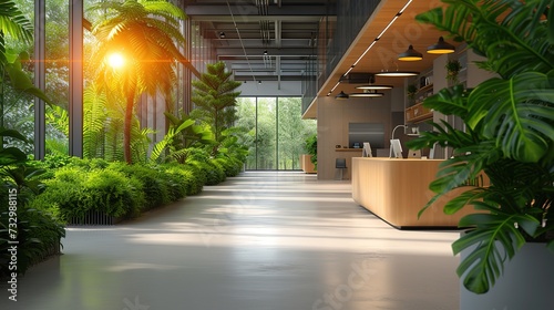 The golden hour sunset bathes a modern office lobby with abundant greenery in a warm, welcoming light.
