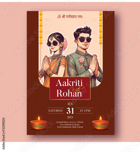 Traditional Royal Wedding Invitation card design with Bride and Groom Welcoming illustration	