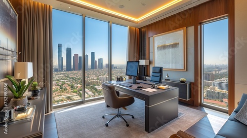 Luxury high-rise executive office with a sleek desk, leather chair, and a breathtaking panoramic view of the city skyline. © Rattanathip