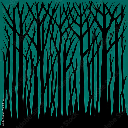 stylized cut paper art of an eerie, creepy, dark, mysterious forest of spindly dead trees