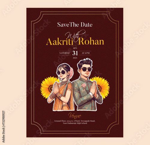 Traditional Royal Wedding Invitation card design with Bride and Groom Welcoming illustration	