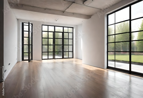 Modern contemporary loft empty room with open door to garden