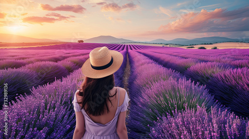 A beautiful girl admires and walks in a lavender field