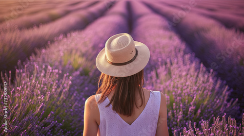 A beautiful girl in a  hat stands in a lavender field and looks into the distance