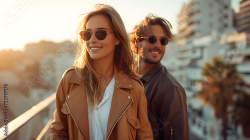 A man and woman wearing sunglasses and coats are walking and shopping down an European street.