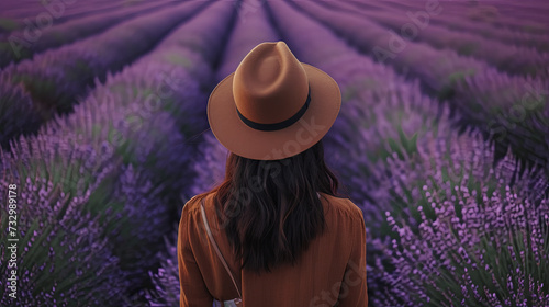 A beautiful girl admires and walks in a lavender field in the evening
