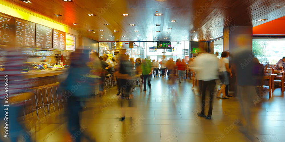 blurred people walking in fast food restaurant, time-lapse shot