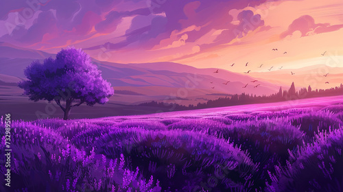 Very beautiful lavender field and tree against the background of mountains