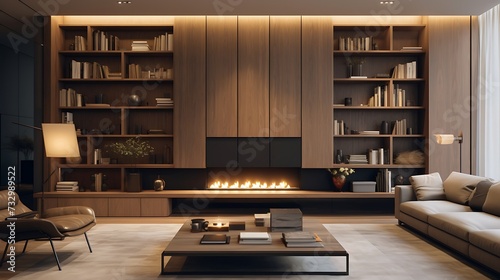 A contemporary living room with built-in bookshelves that conceal a secret storage compartment photo