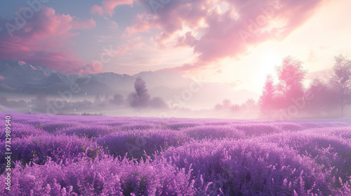 Very beautiful lavender field in the fog