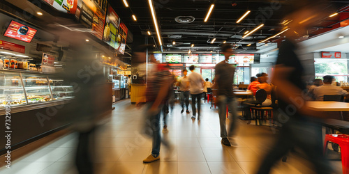 blurred people walking in fast food restaurant, time-lapse shot photo