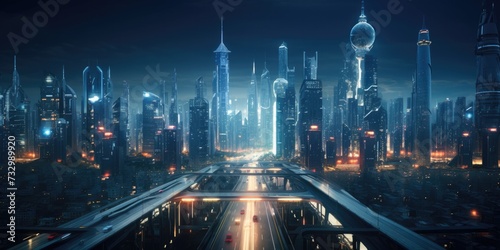 A futuristic city with a highway and lights. Generative AI.